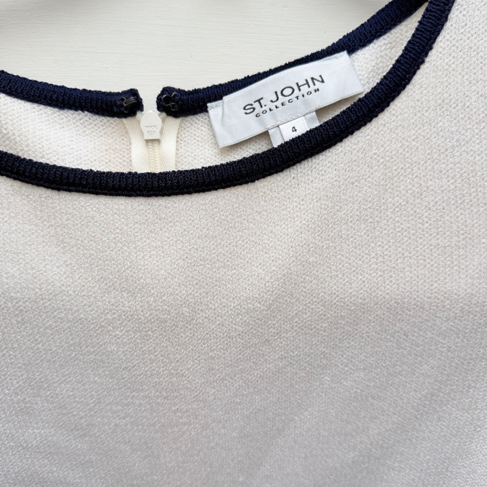 St. John Navy White Colorblock Round Neck 3/4 Sleeves Sheath Dress Size 4 - Picture 3 of 10